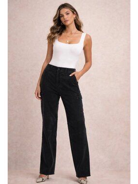 L’AGENCE Size 31 Black Brooklyn High Rise Utility Wide Leg Cargo Jeans NEW